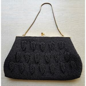 Purse/Clutch-Vintage-Black Beading-Gold Wrist Strap-Raised Beading